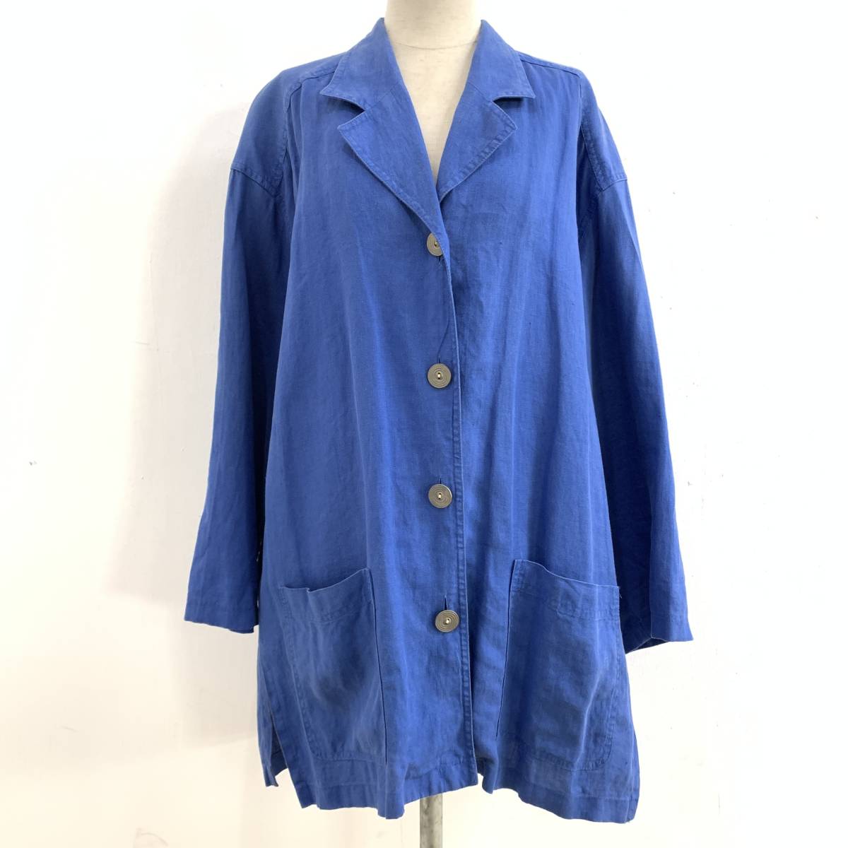 ☆JAEGER イエーガー 英国製 VINTAGE レディース 麻100% リネンジャケット ユーロワークジャケット UK10 ブルー【送料一律/同梱可能】