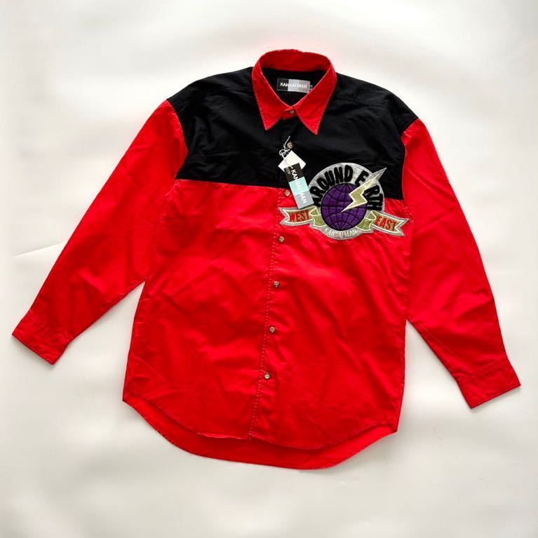【幻の一品】90s 山本寛斎 YAMAMOTO KANSAI MAN ビッグロゴワッペン シャツ 個性的デザイン 切り替え サンダーデザイン ビッグロゴ刺繍