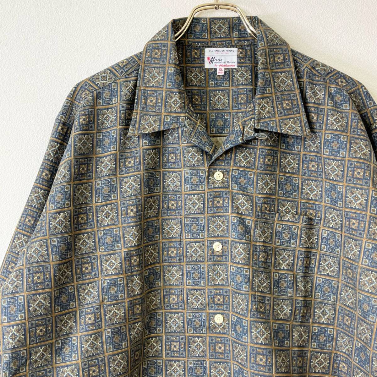 希少《 Dead Stock / OLD ENGLISH PRINT / Hathaway 》50s 60s デッド【 Maas Brother ビンテージ 英国 バティック 開襟シャツ XL 】