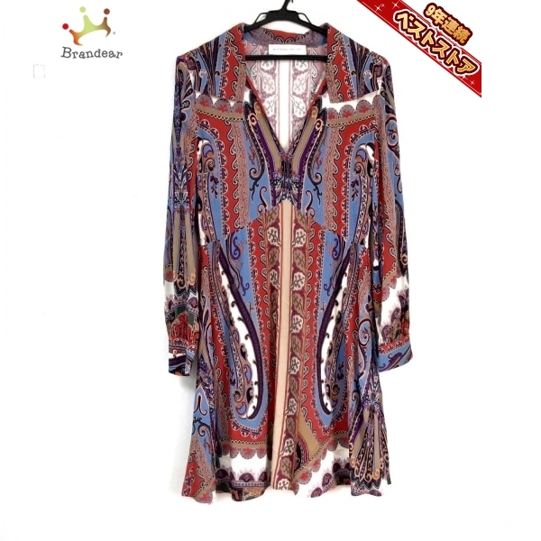 エトロ ETRO サイズ40 M - ブルー×ベージュ×マルチ レディース 開襟/長袖/ひざ丈/ペイズリー柄 美品 ワンピース