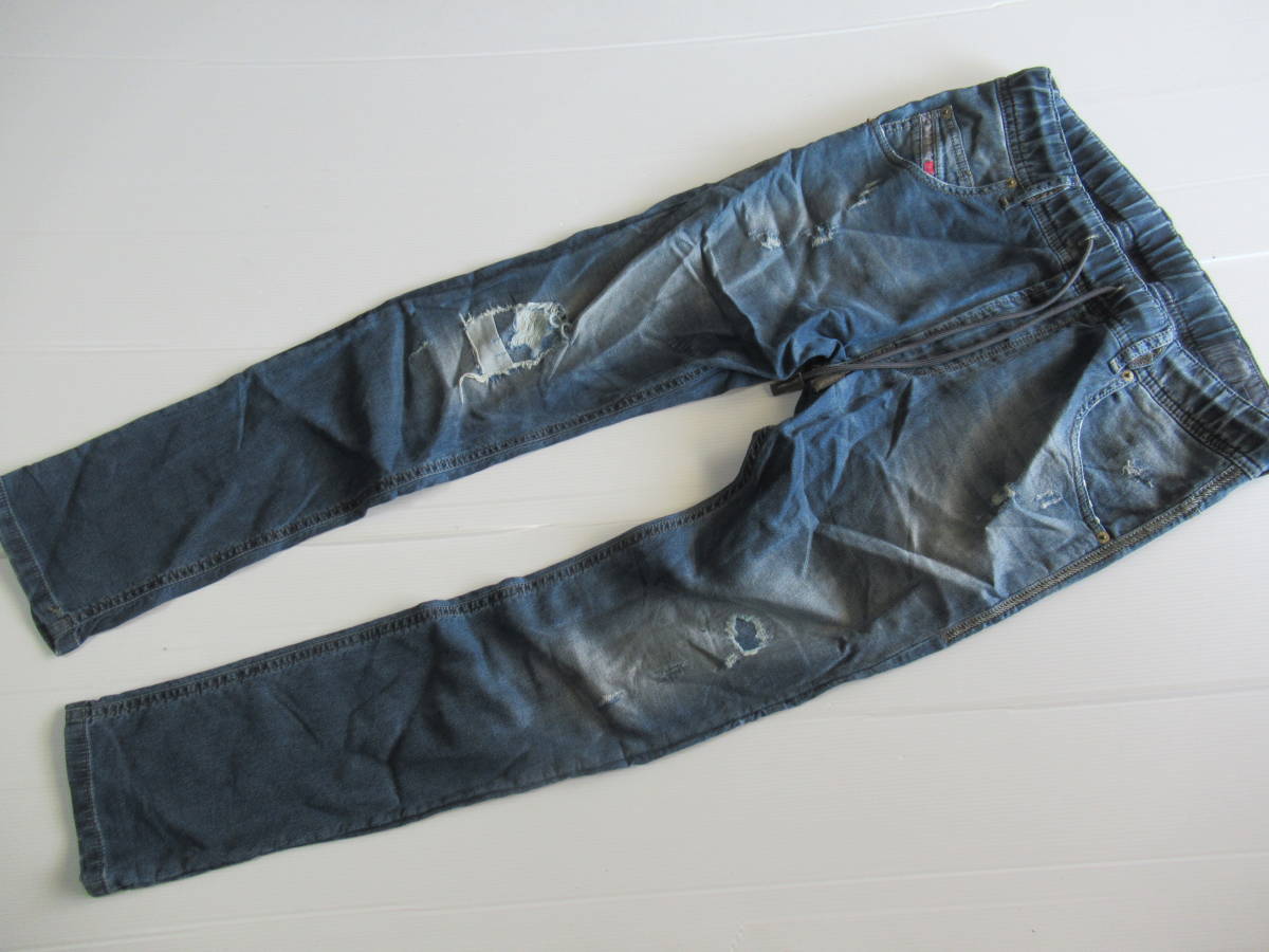 DIESEL KROOLEY-NEディーゼル　本革レザーパッチダメージ加工スウェットデニムパンツ28