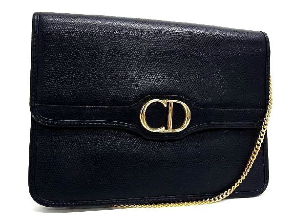 1円 Christian Dior ディオール ヴィンテージ レザー チェーン ショルダーバッグ ポシェット 斜め掛け レディース ネイビー系 AK0953アオ