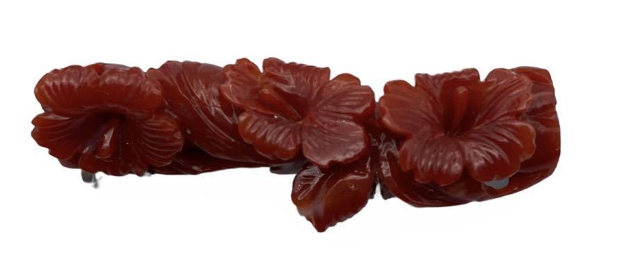 1円〜　和装小物 血赤　珊瑚　帯留 pt900 14K 刻印 金　プラチナ約11.3g ブローチ　コーラル　さんご　アクセサリー ハイビスカス