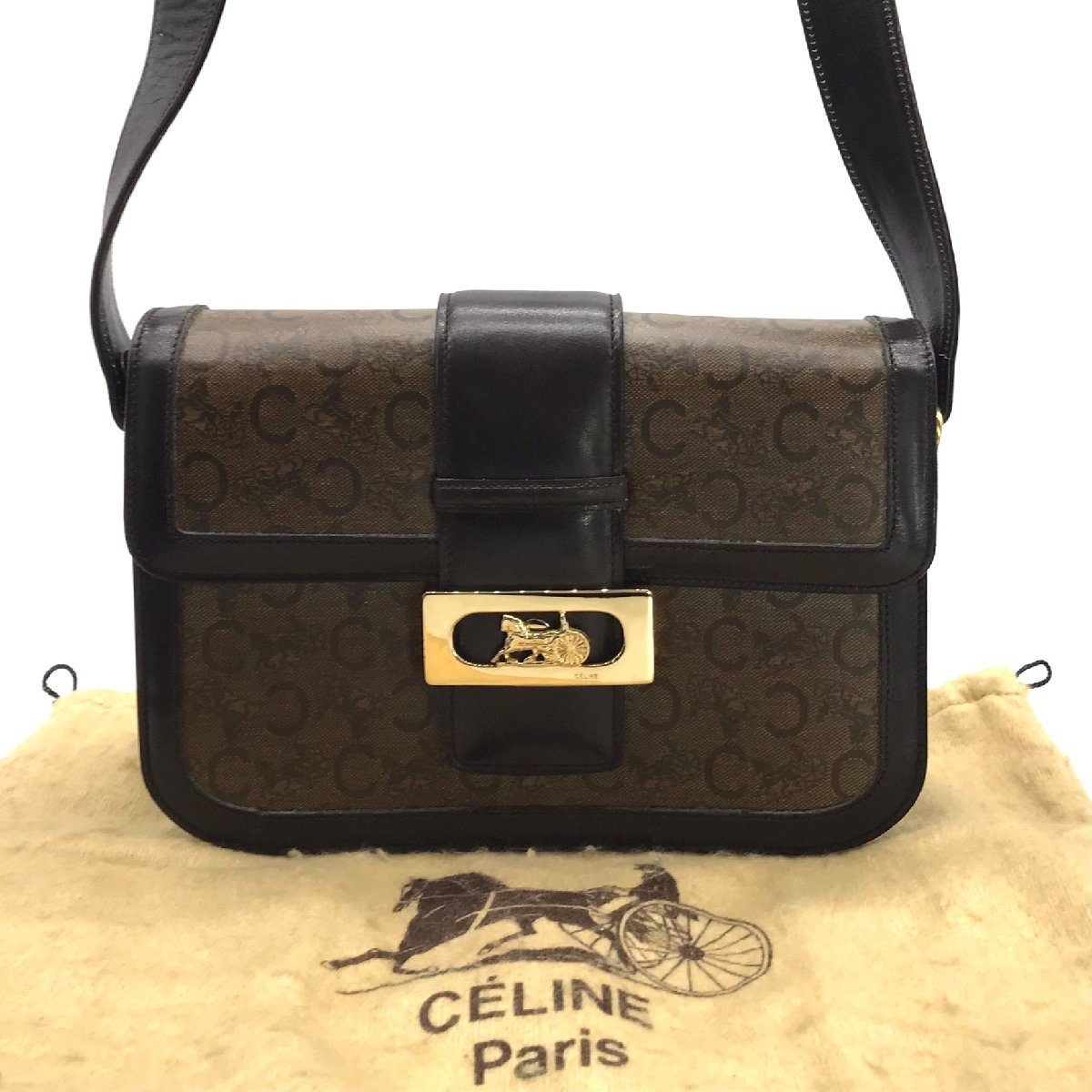1円 CELINE セリーヌ PVC Cサルキー 馬車金具 ショルダー バッグ 茶色
