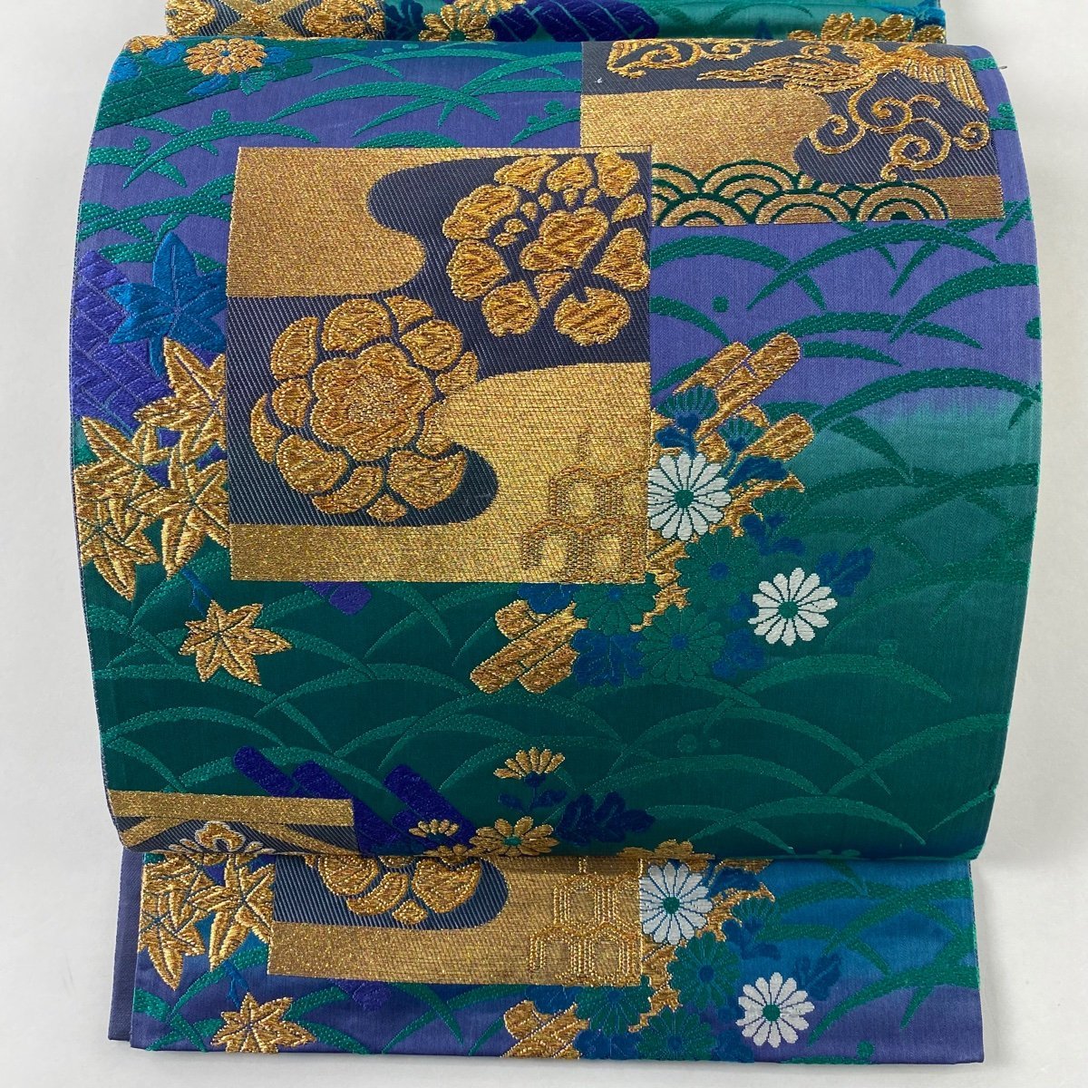袋帯 秀品 花筏 鳳凰 金糸 唐織 青緑 六通 正絹 【中古】