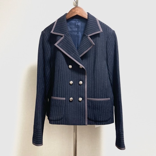 #wnc レリアン Leilian ジャケット 13 紺 白 茶 ダブル ストライプ くるみボタン 大きいサイズ レディース [805272]