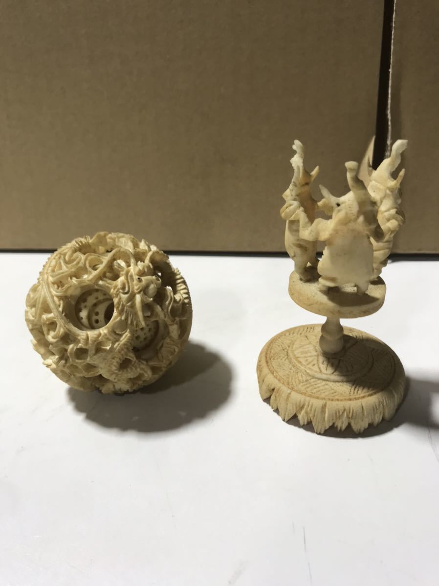 2734 中国美術 天球 多層球 台座付 龍文 置物 精密彫刻 工芸品 2734