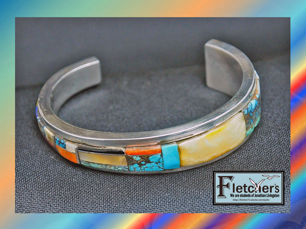 本物のインディアンジュエリー ナバホ族作家Frank Melvin ビンテージ マルチストー＆シルバーブレスレッド ネイティブアクセサリーf98