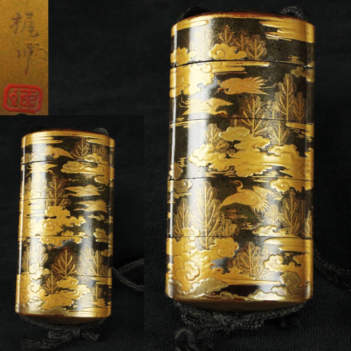 昊】時代 梶川銘 金蒔絵 松鶴雲図印籠 古美術品[TC30As] |