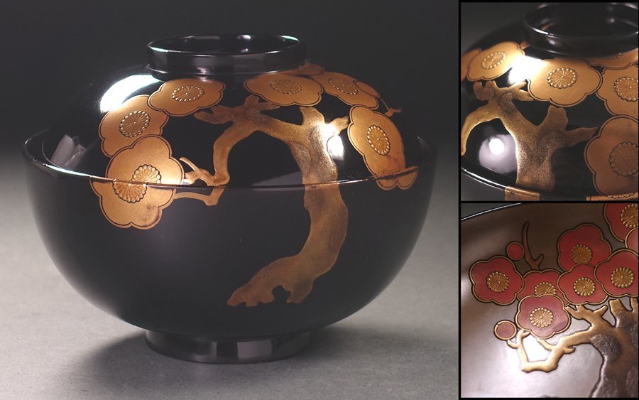 高級輪島漆器　雲梅蒔絵　吸い物椀　五客　共箱付　特注品　共布　輪島塗 和】(A1005) 作家物 輪島塗 蒔絵梅文吸い物碗 五客揃 共箱有 茶道具