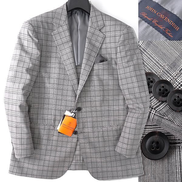 訳有 サヴィルロウ 春夏 JOHN CAVENDISH 英国生地 チェック ジャケット A6(L) 薄灰 【J56390】 SAVILE ROW ブレザー メンズ ウール