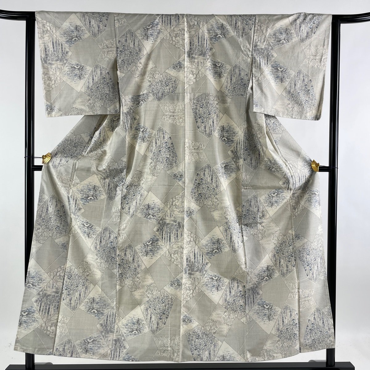 大島紬 美品 名品 証紙 都喜ヱ門 竹 水辺の風景 灰白 袷 身丈155cm 裄 