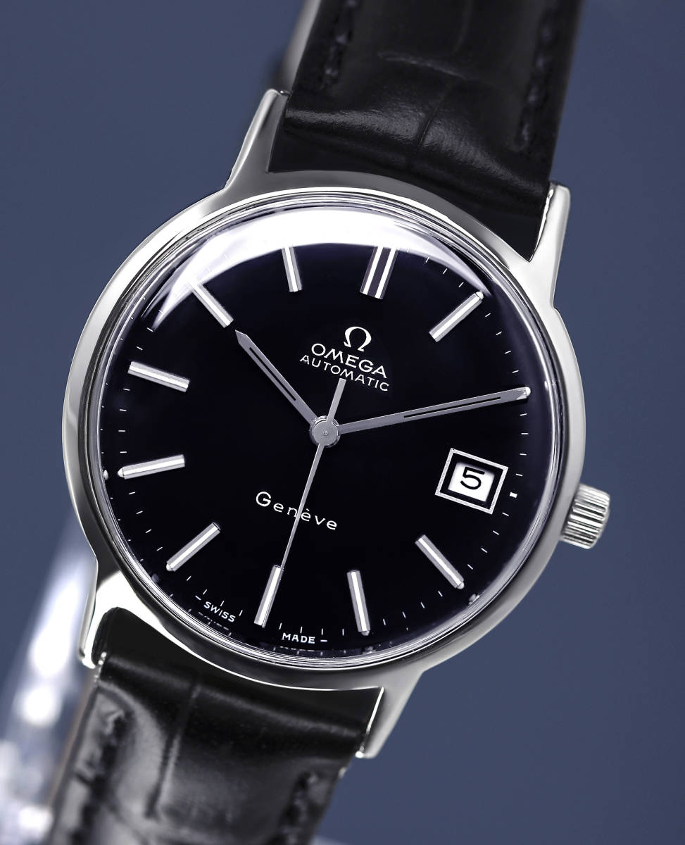 本物◇新品仕上げ済み】◇OMEGA GENEVE人気ブラック文字盤メンズ腕時計 