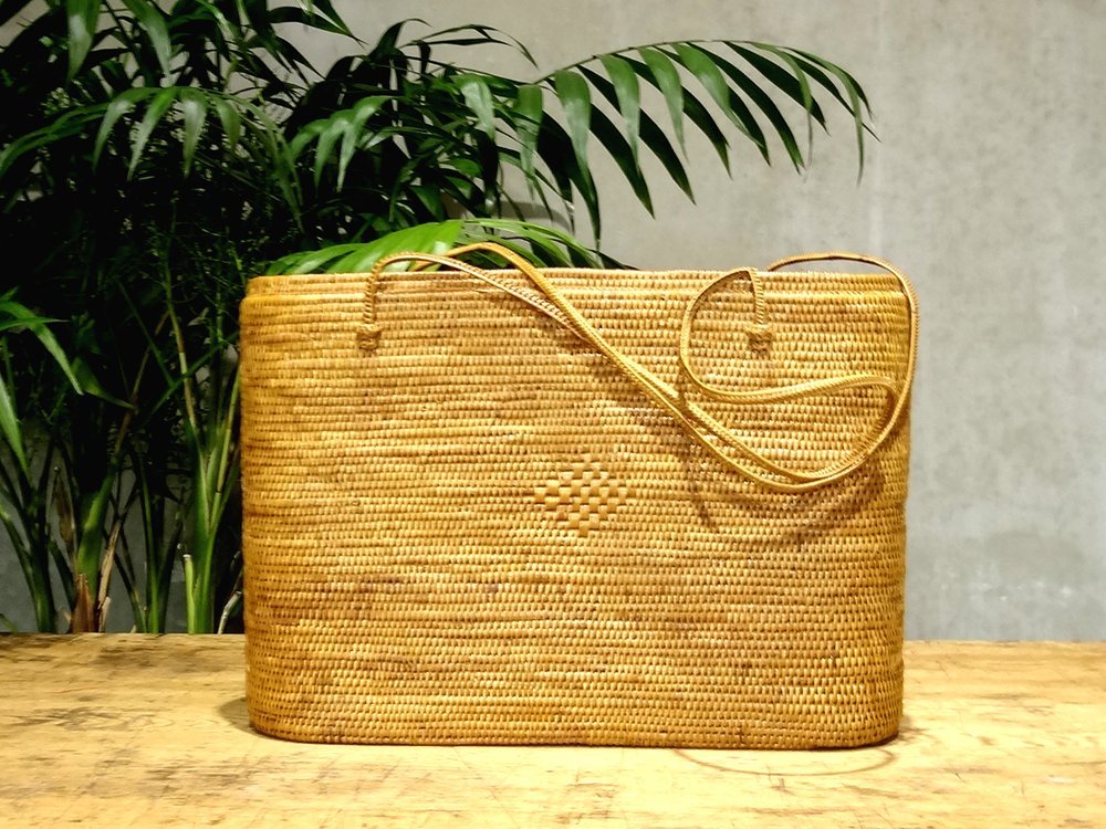 【侍】未使用 バリ島 総アタ造 ハンドメイド ダイヤ柄 籠バッグ アタバッグ ショルダーバッグ ハンドバッグ 浴衣 着物 F⑤