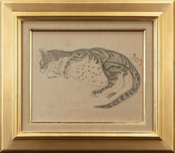 ◇藤田嗣治◇ドローイング/鉛筆画 手描き《猫》表サイン(印譜) F3号
