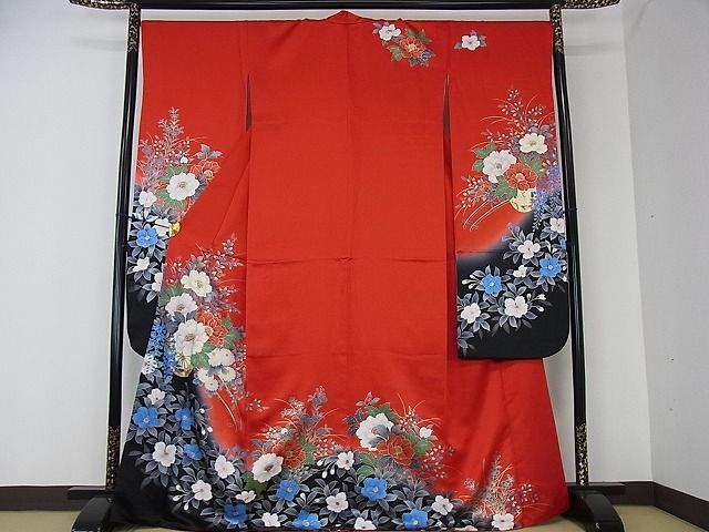 花美人□豪華振袖 駒刺繍 花車文 暈し染め 金彩 逸品 ps6083 暈