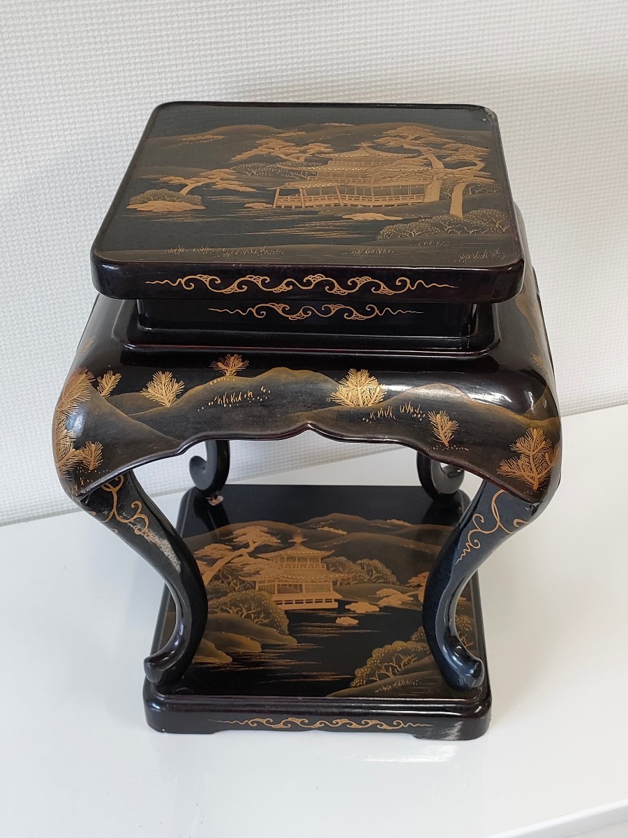 時代物 高卓 黒漆塗 金彩 唐草蒔絵 高さ約39.5cm 香炉台 花台 飾台 漆