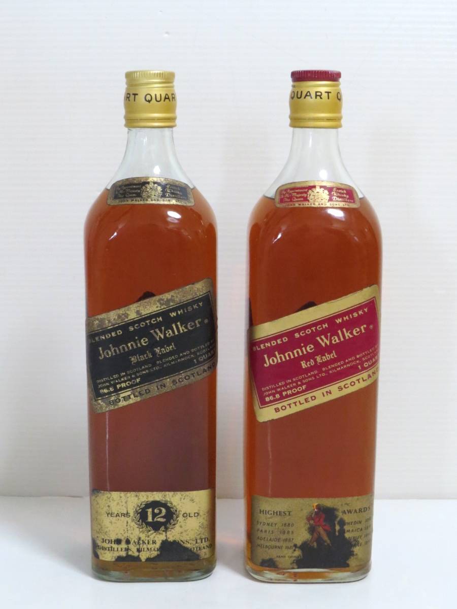 スコッチ古酒　ジョニーウォーカー　2本セット □(4)【古酒】JOHNNIE WALKER ジョニーウォーカー 赤・黒 2本set【未開
