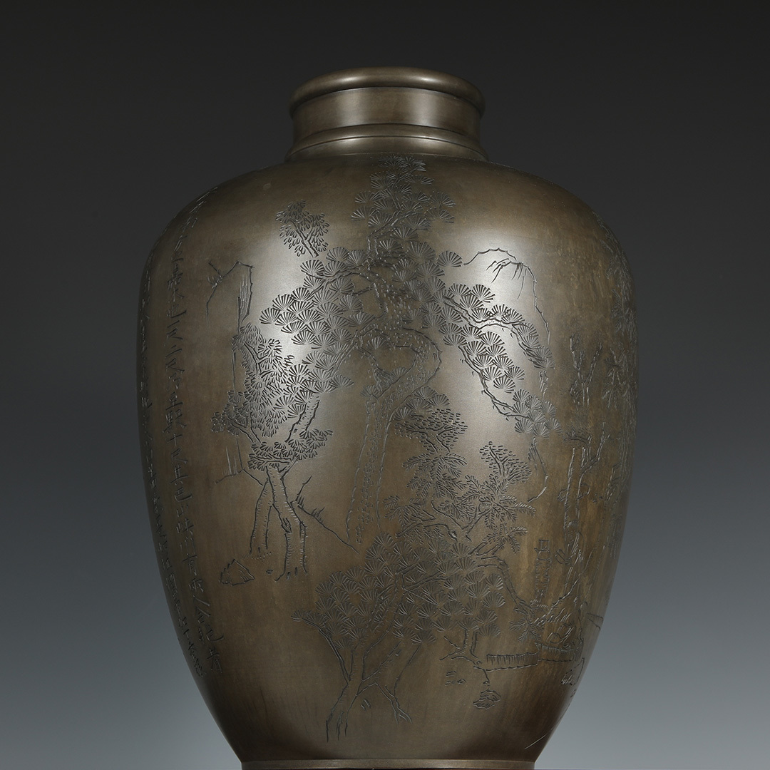 BK401　茶葉罐 蔵六居造 錫刻人物詩文図巨大茶心壺 茶筒 茶入 茶壷 茶道具 古錫 茶葉罐 蔵六 造 「錫製高仕山水詩文図巨大茶