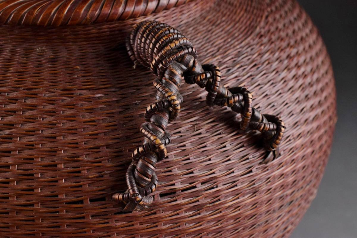 竹清作 渡辺竹清 竹細工 花入耳付花籠竹籠 竹細工 細密編 茶道具