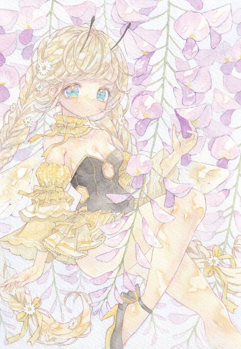 手描きイラスト(SMサイズ) 藤の花と蜂さん 【公式通販】