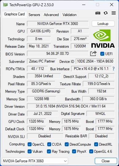 ZOTAC GeForce RTX 3060 12GB GDDR6 ZT-A30600A-10B 動作確認済み