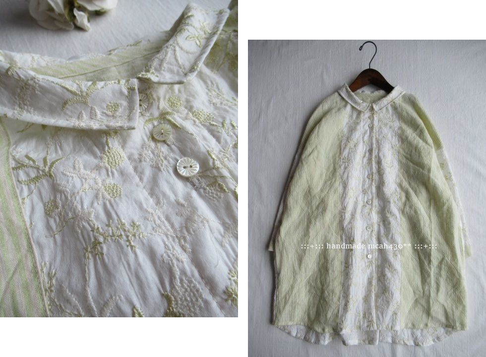:::ハンドメイド　リネンストライプ×flower刺繍 チビエリシャツ チュニック丈 :::