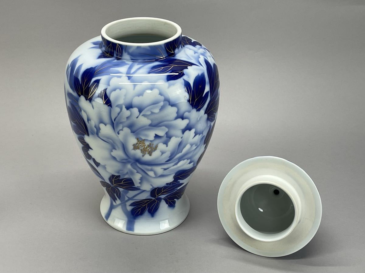 深川製磁 宮内庁御用達 染付 金彩 牡丹冠付 オールド 花瓶 飾り花瓶 沈香