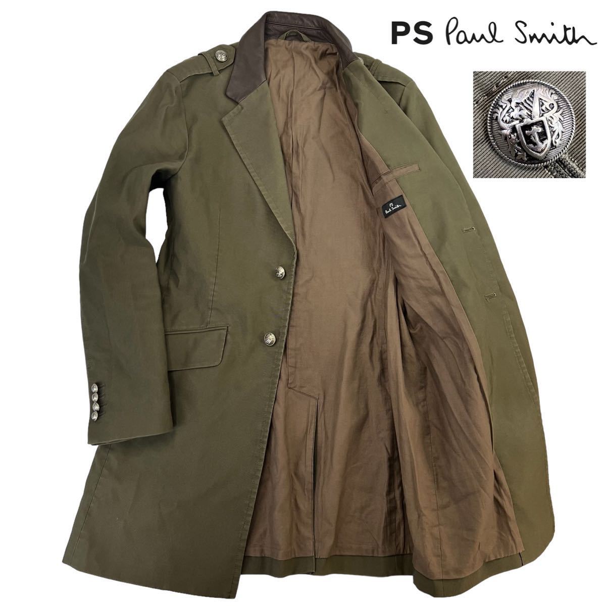 極美品 PS Paul Smith ピーエス ポールスミス 銀釦 レザー切替チェスターコート サイズM カーキ 牛革 コットン 美シルエット 日本製 A2438