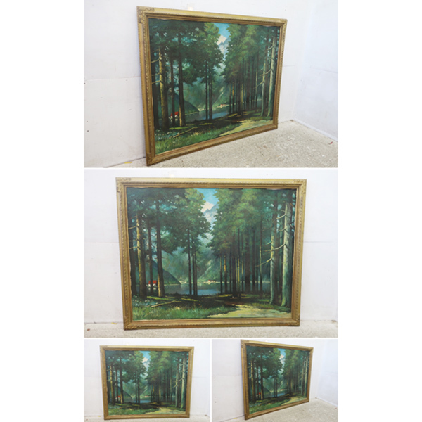 P021 古洋館収蔵品 ロココ額装 油彩画 林/湖/森/山/空 自然 風景画