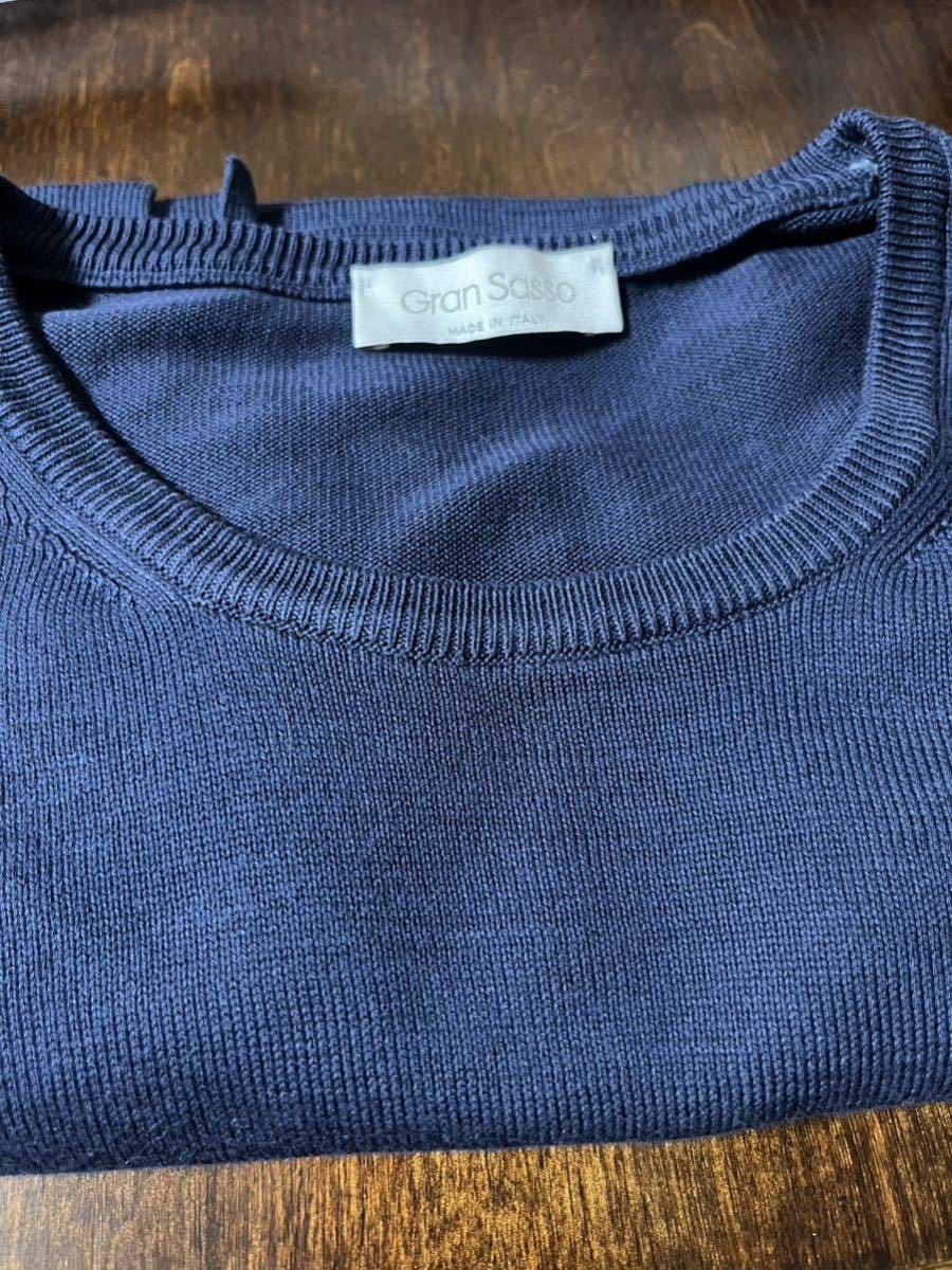 GRAN SASSO グランサッソ 50 ニットT 紺　ネイビー　クルーネック　ニット　Ｔシャツ　丸首　半袖 コットン100% イタリア　