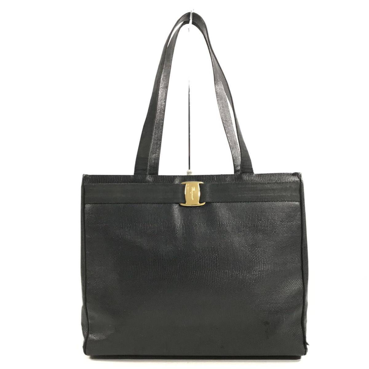 【フェラガモ】本物 Ferragamo トートバッグ ヴァラ金具 ショルダーバッグ 黒色系 本革 レザー 女性用 レディース イタリア製