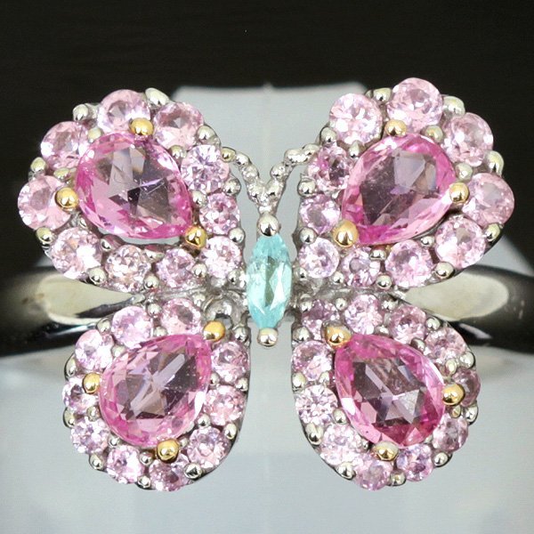 美品『USED』K18WG ピンクサファイア 1.43ct 0.25ct 蝶 リング 指輪 9