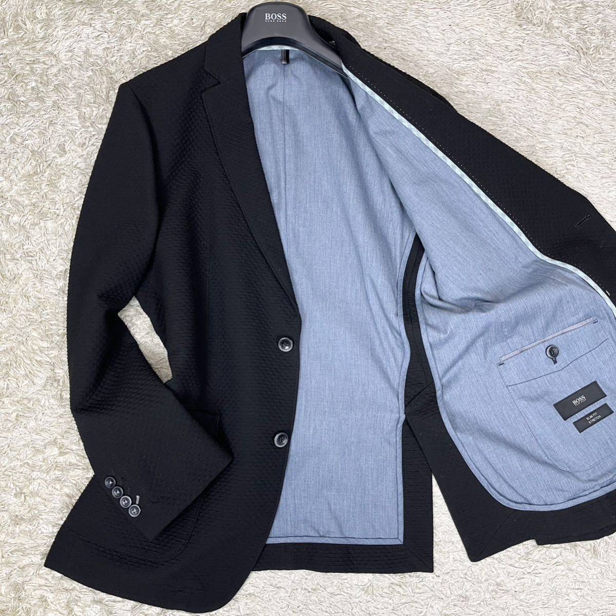 ヒューゴボス ワッフル素材 ニットテーラードジャケット 春夏用 ブラック 黒 スリムフィットストレッチ 伸縮 メンズ 52 ビジネス HUGO BOSS