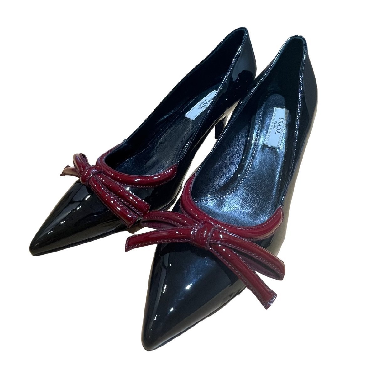 PRADA プラダ エナメル　リボン　パンプス　ブラック×レッド 35 1/2