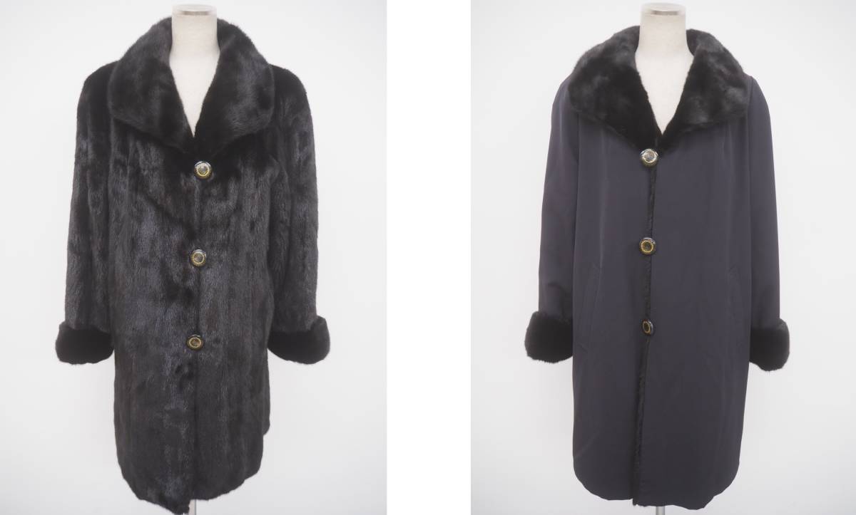 □PIERRE BALMAIN□ブラックミンクリバーシブル□セミロングコート