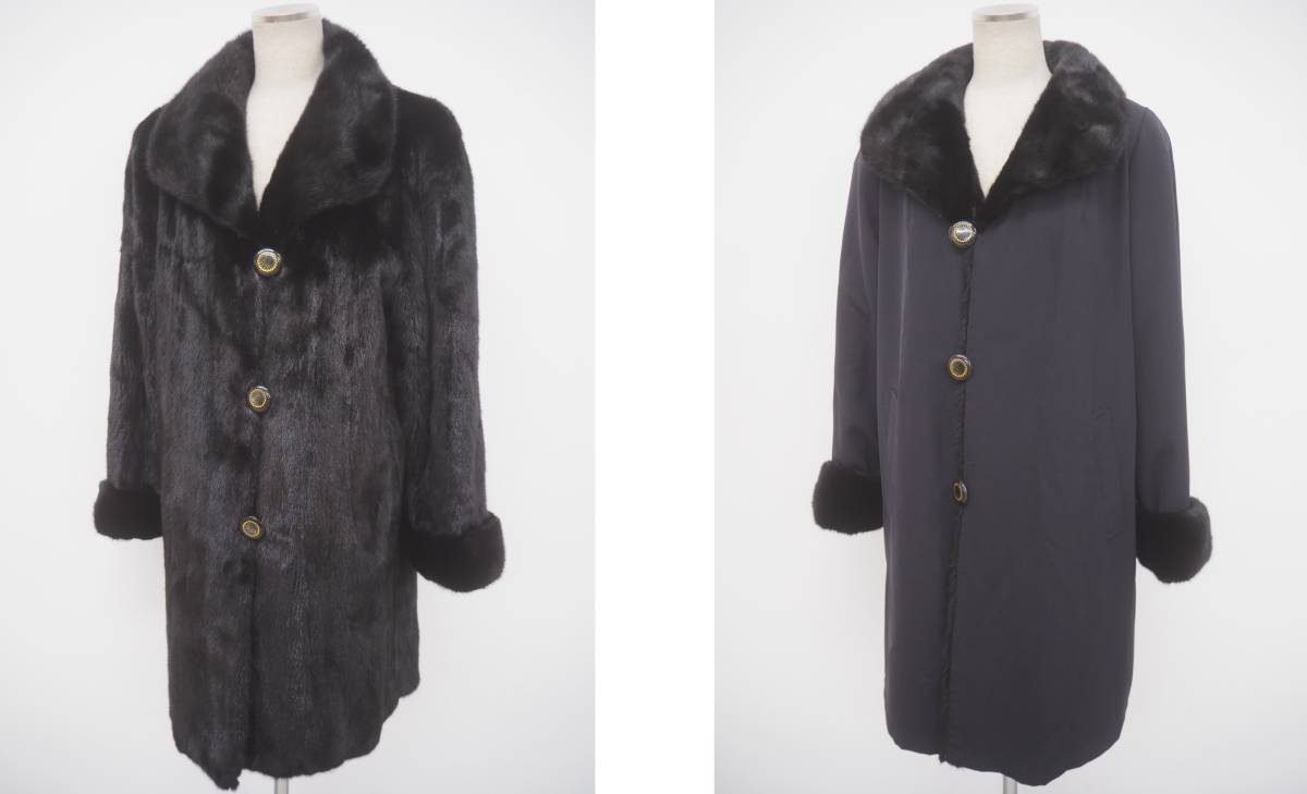 □PIERRE BALMAIN□ブラックミンクリバーシブル□セミロングコート