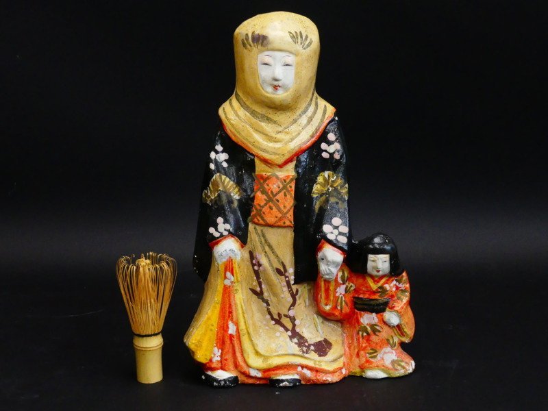 q324 時代物 中野 土人形 土雛 郷土玩具 立ヶ花人形 母子 高さ約32cm