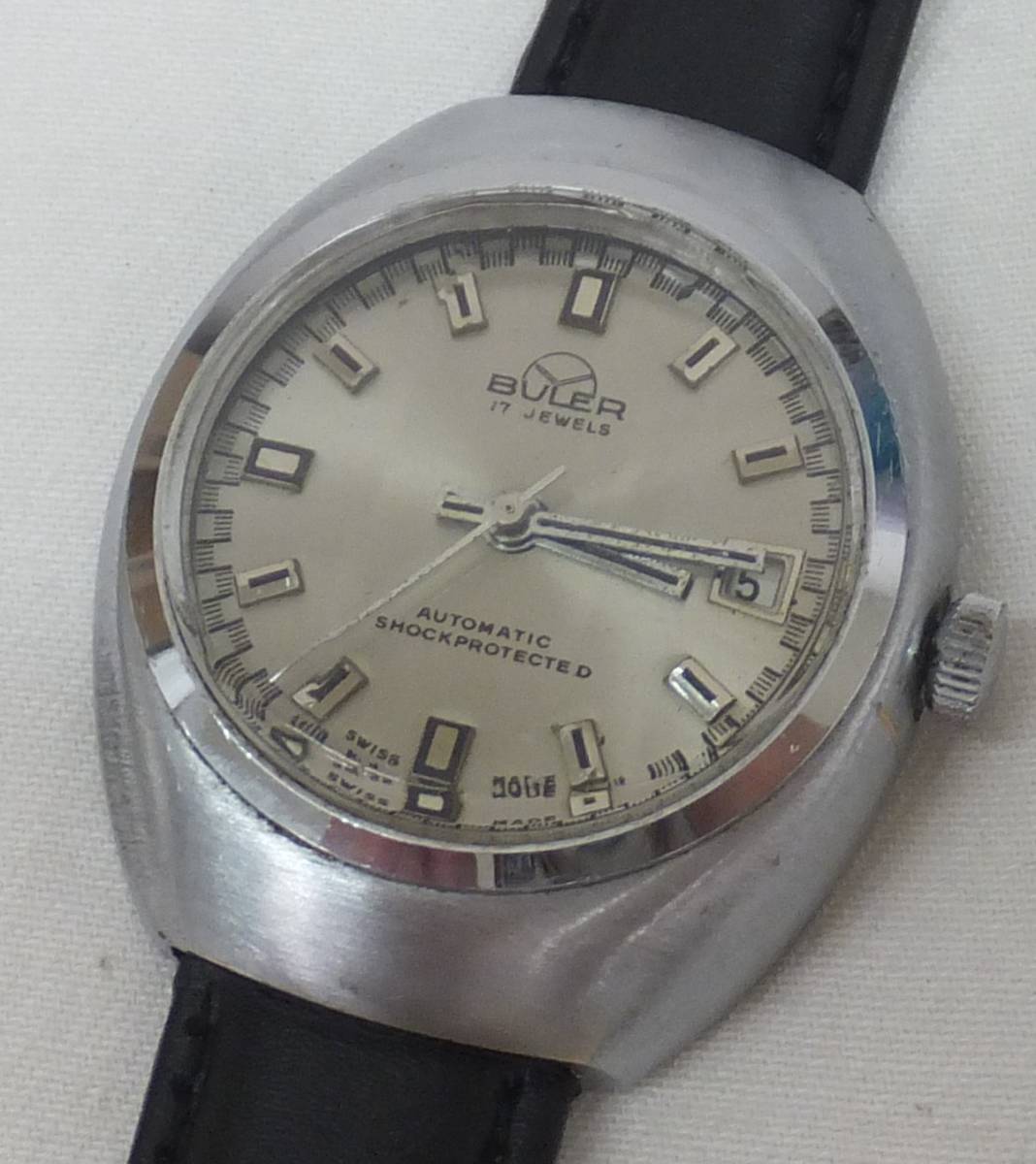 【中古動作品】★BULER 17JEWELS AUTOMATIC 13083C ビューラー　デイト 自動巻き腕時計 SWISS MADE アンティーク　ベルト社外未使用品付