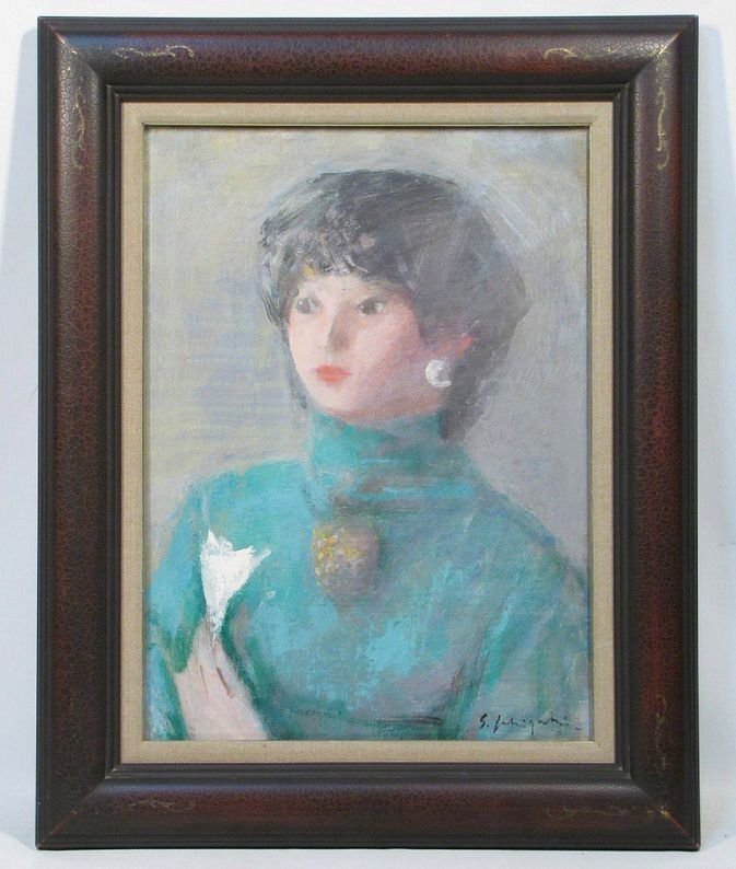 石垣定哉　「ユリ」　額装８号　「イシガキブルー」で名高い洋画家の、白百合一輪を懐いた、まことに清雅な装いの女性像です