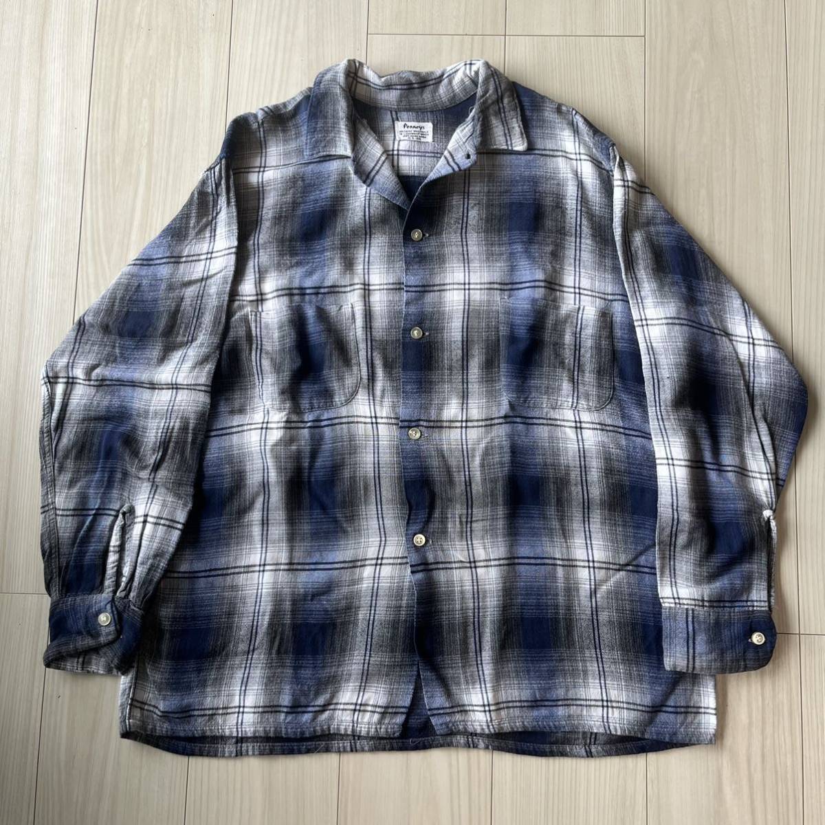 極上】50s60s PENNEYS オンブレチェックシャツ レーヨン100% 黒×青×白 