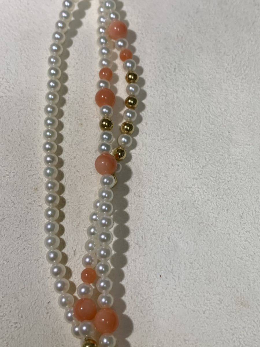 K135 【 MIKIMOTO ミキモト ベビーパール 3連ネックレス 珊瑚 K18 750 