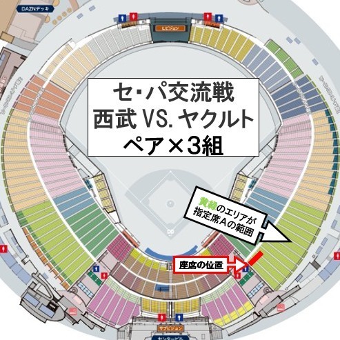 6/10(土)西武vsヤクルト ペア(2枚連番)×3組 内野指定席A QRチケット 1塁側(ビジター側)101～105ブロック30～33段 セ・パ交流戦 スワローズ
