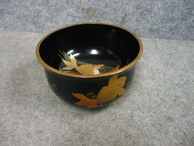 黒塗 蒔絵 盃洗 [B31701] 高さ8.5cm 直径14.5cm 金魚図 漆器 酒器 古玩