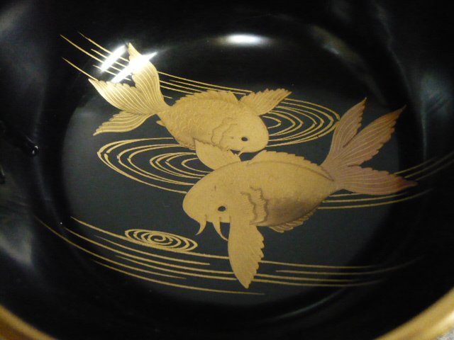 黒塗 蒔絵 盃洗 [B31701] 高さ8.5cm 直径14.5cm 金魚図 漆器 酒器 古玩