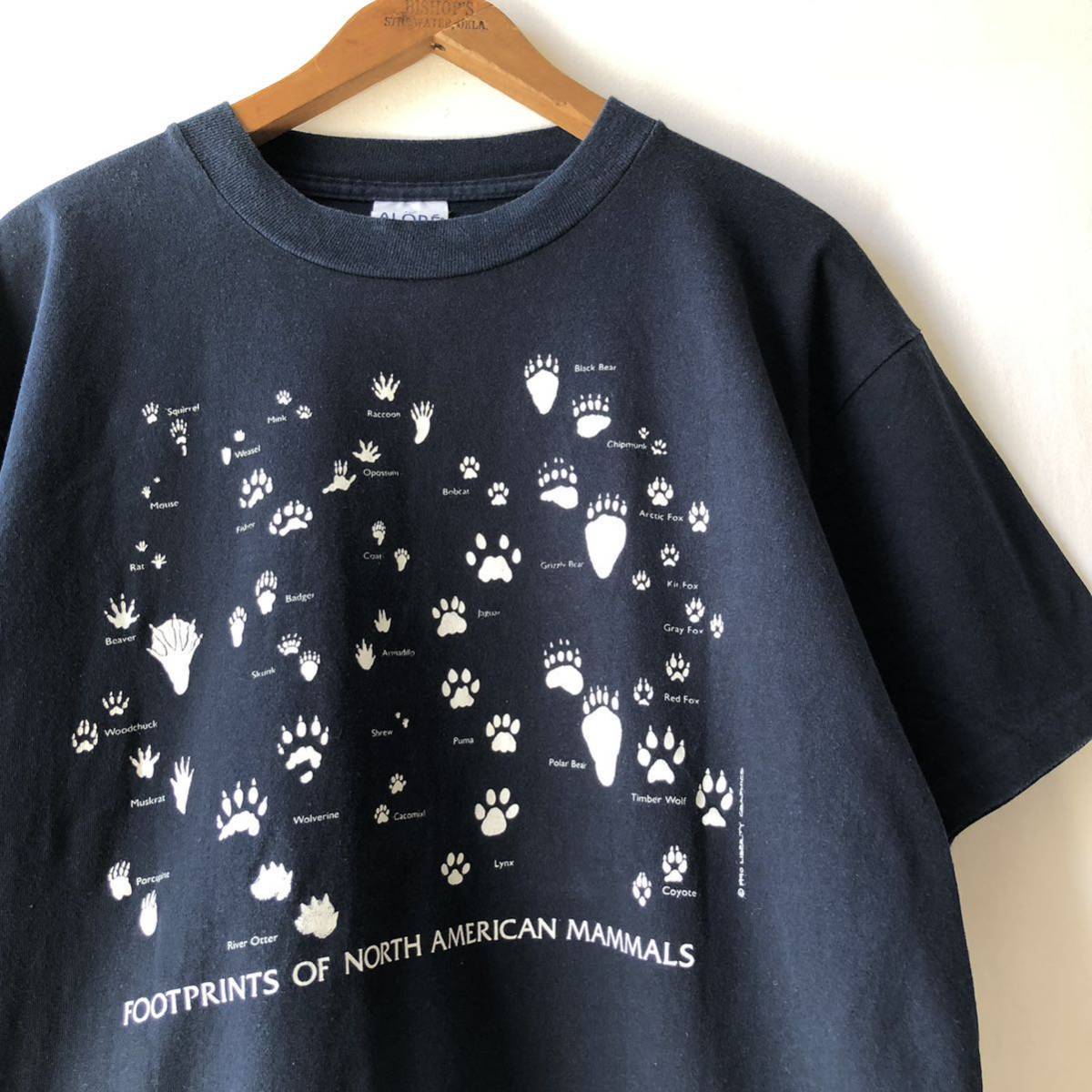90年 北アメリカ哺乳類動物 足跡 Tシャツ L ブラック USA製 ビンテージ 90s 90年代 アニマル アメリカ製 オリジナル ヴィンテージ