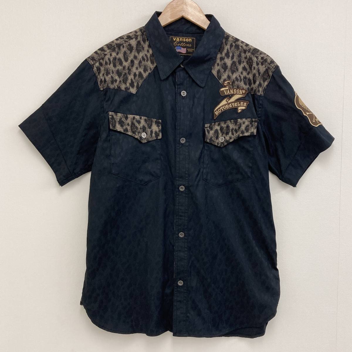 VANSON レオパード 総柄 スカル ワッペン 半袖シャツ ブラック 黒