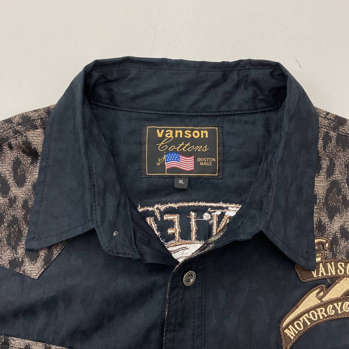 VANSON レオパード 総柄 スカル ワッペン 半袖シャツ ブラック 黒