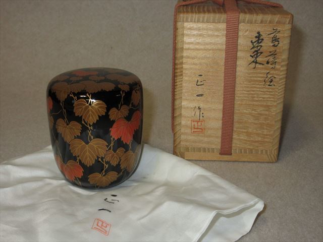 MK6 茶道具 輪島塗 松本正（正一）作 蔦 金蒔絵 中梨地 棗 共箱 本物