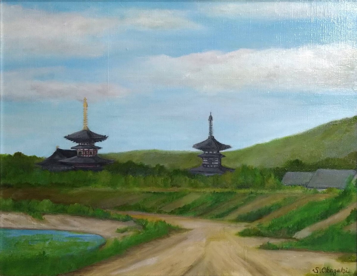 1 真作 油彩画/群炎美術協会会員 岡崎精一 奈良 薬師寺雨塔 裏書 直筆